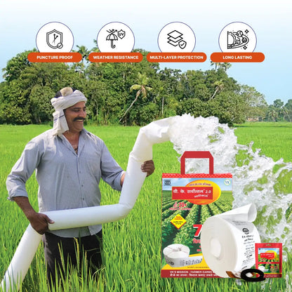 Man holding a large white tube with product packaging in a green field