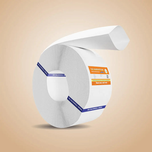 Roll of white tape with a brand VK Sarvottam HDPE Laminated Lapeta Pipe