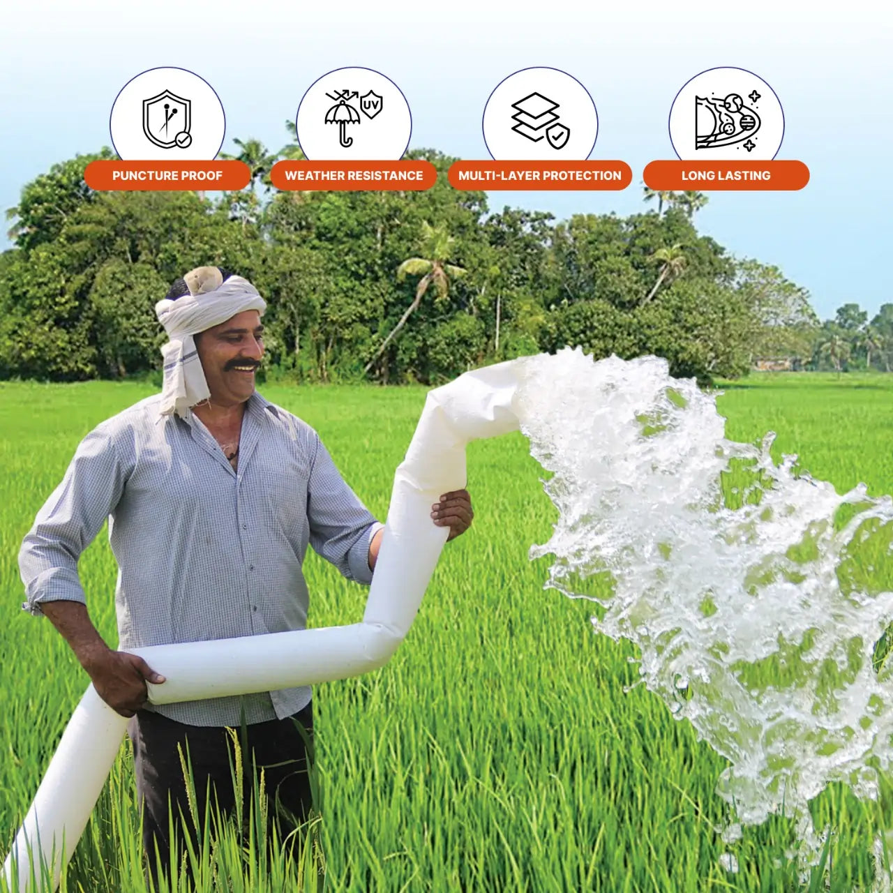 Man holding a large white tube pipe in a green field with product features displayed.