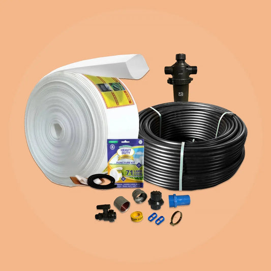 Drip irrigation kit with tubing, valves, and connectors on a peach background